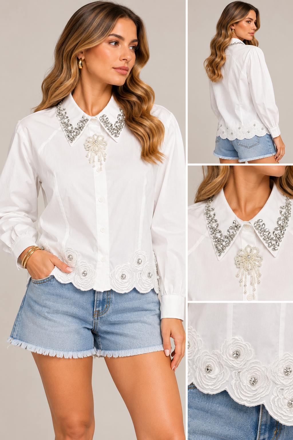 EMBELLISHED COLLAR SCALLOPED HEM SHIRT