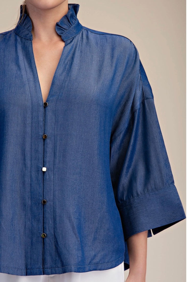 INDIGO RUFFLE BLOUSE