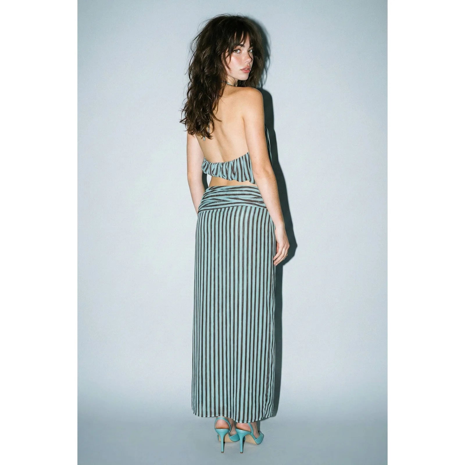 STRIPED HALTER & RUCHED MAXI SKIRT SET