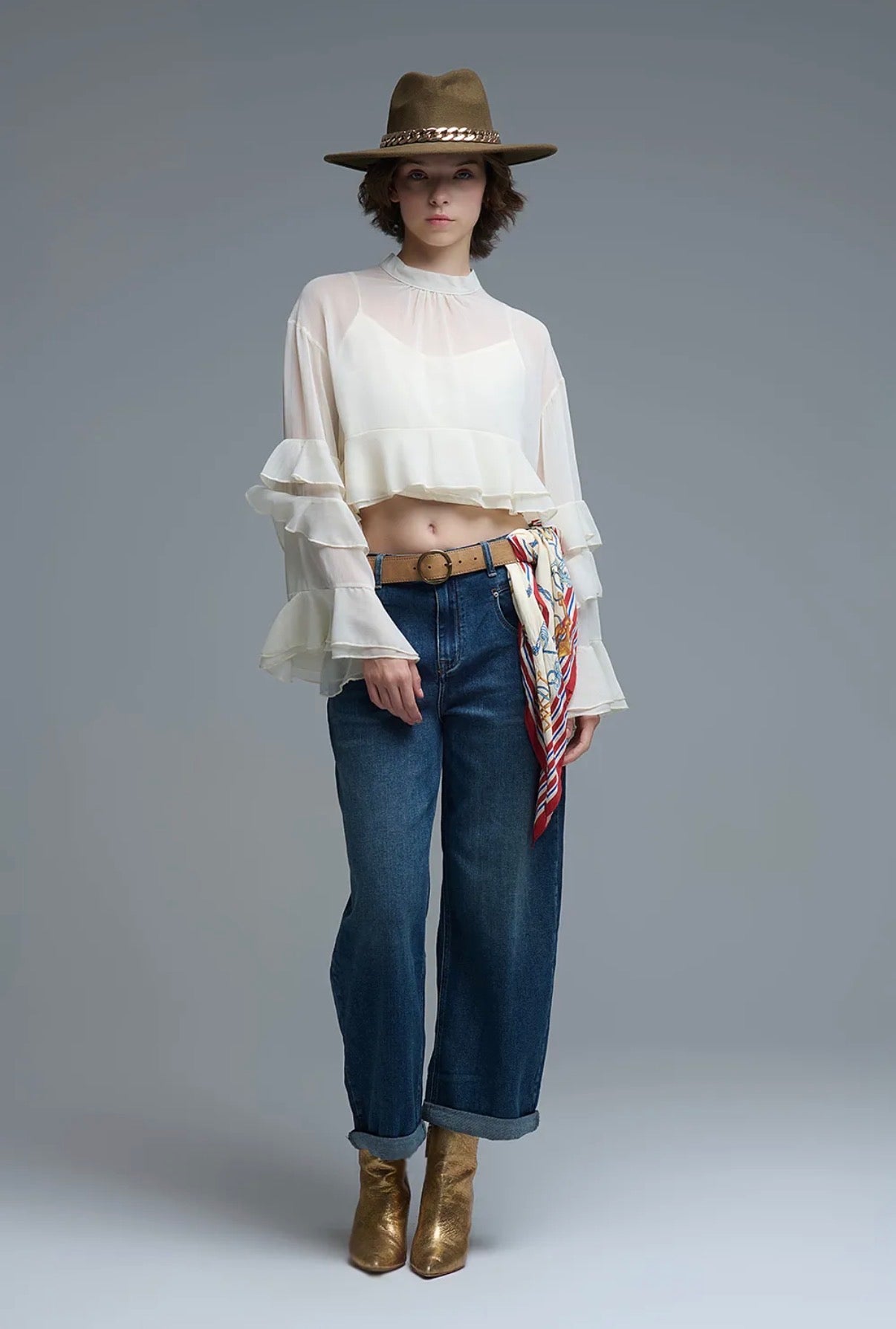 IVORY SHEER RUFFLE SLEEVE BLOUSE
