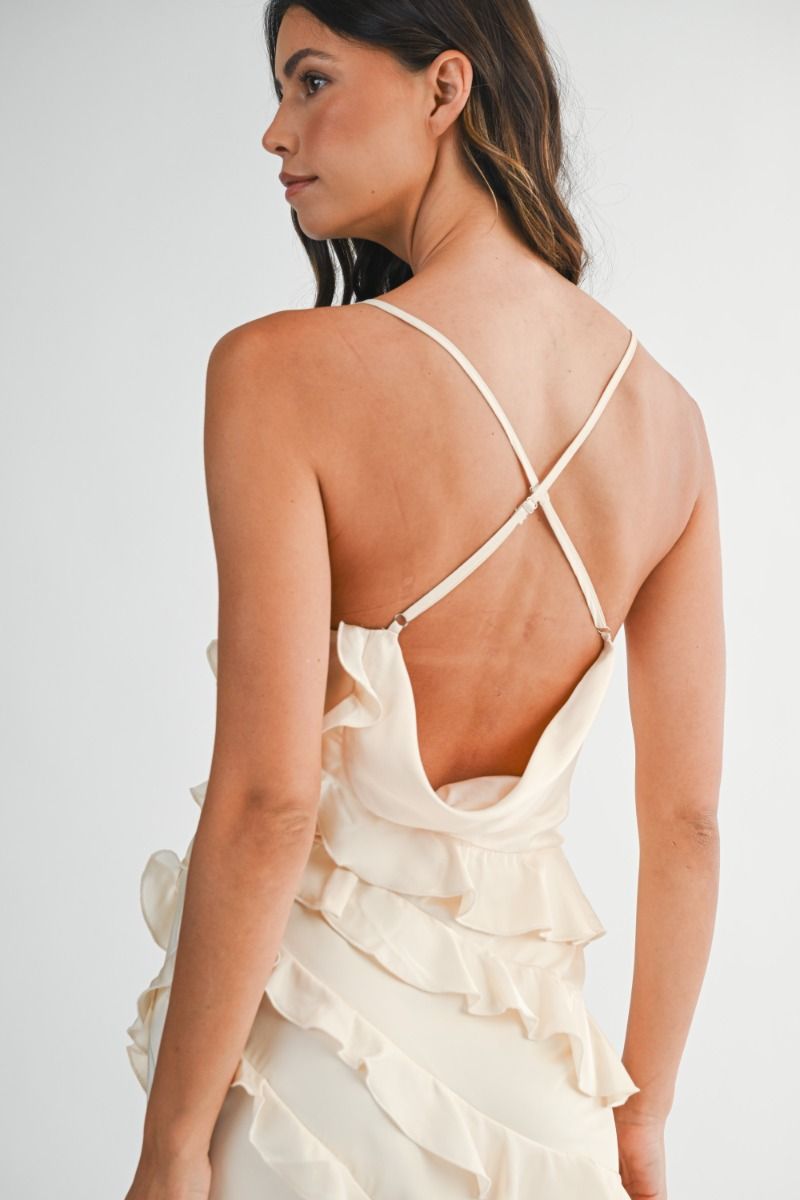 IVORY SATIN RUFFLE MAXI DRESS