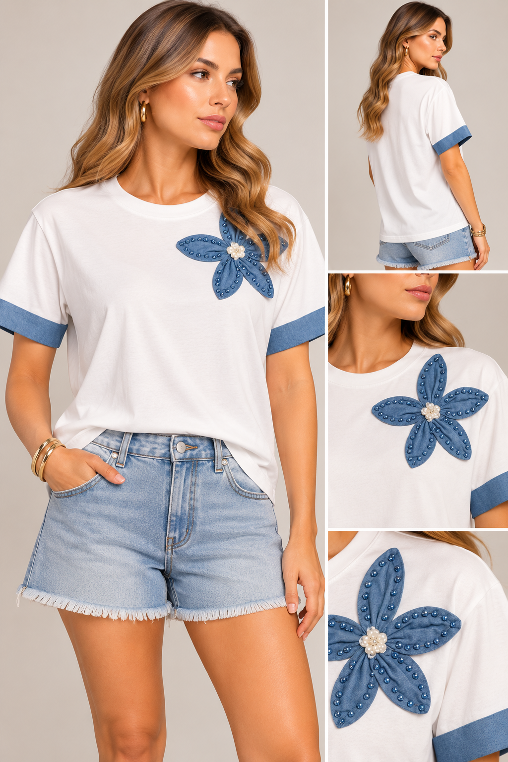 WHITE DENIM FLOWER APPLIQUE TEE