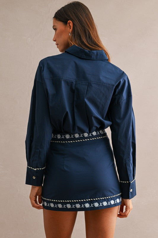 NAVY FLORAL EMBROIDERED SHIRT & WRAP MINI SKIRT SET