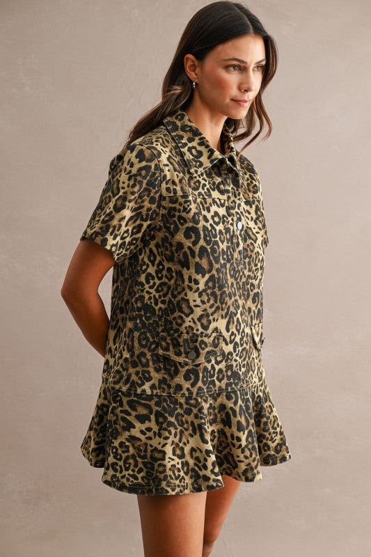 LEOPARD DENIM FLOUNCE MINI DRESS