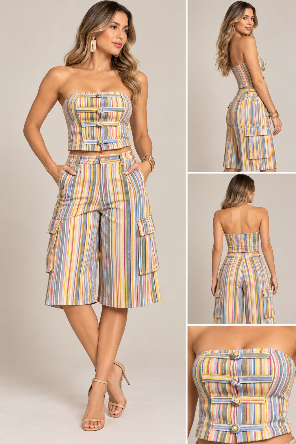 PASTEL STRIPED BANDEAU TOP & CARGO BERMUDA SET