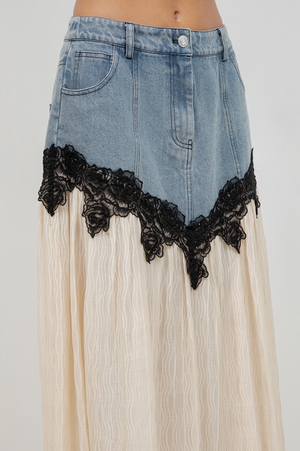 DENIM LACE MIDI SKIRT