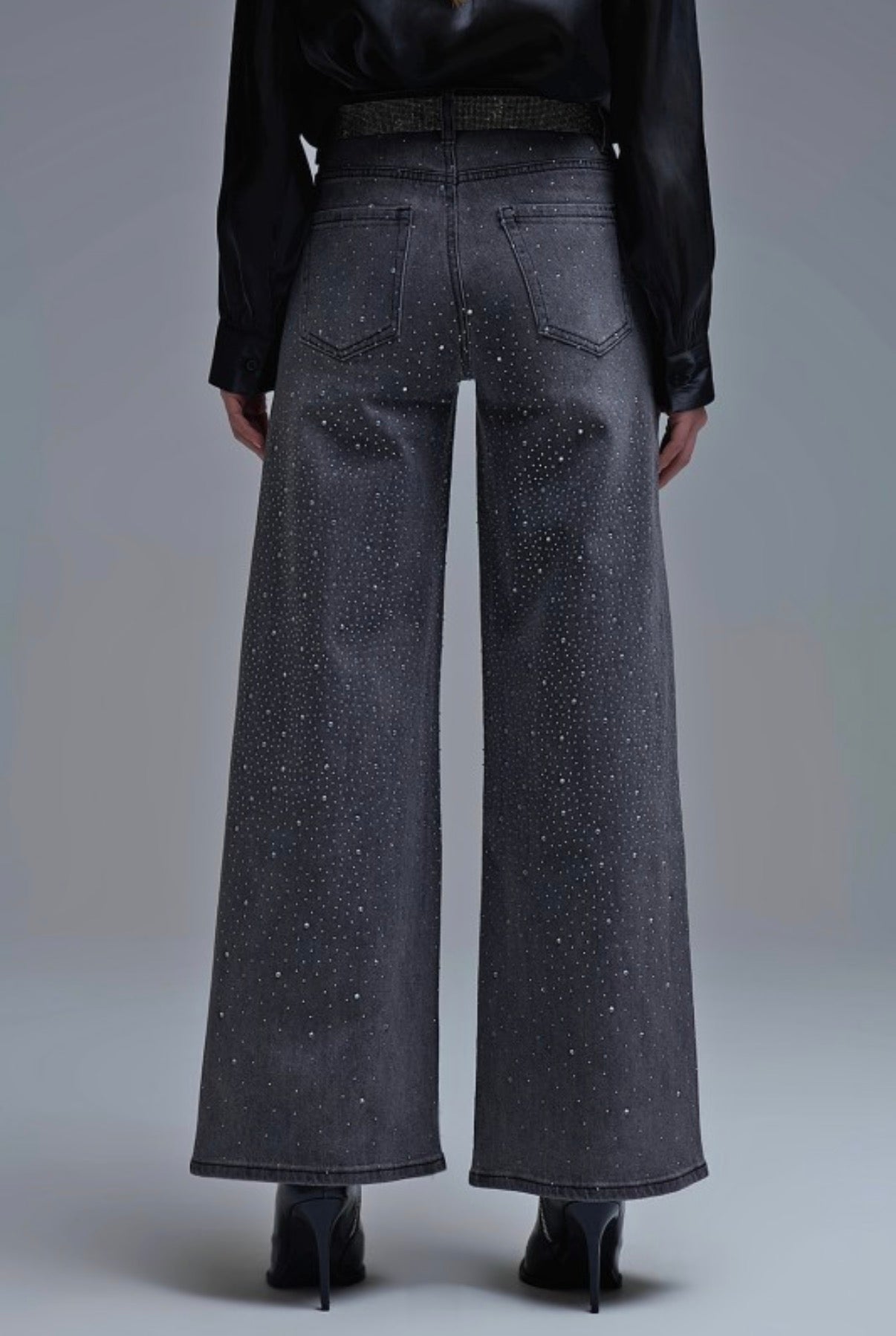 RHINESTONE EMBELLISHED WIDE LEG JEANS