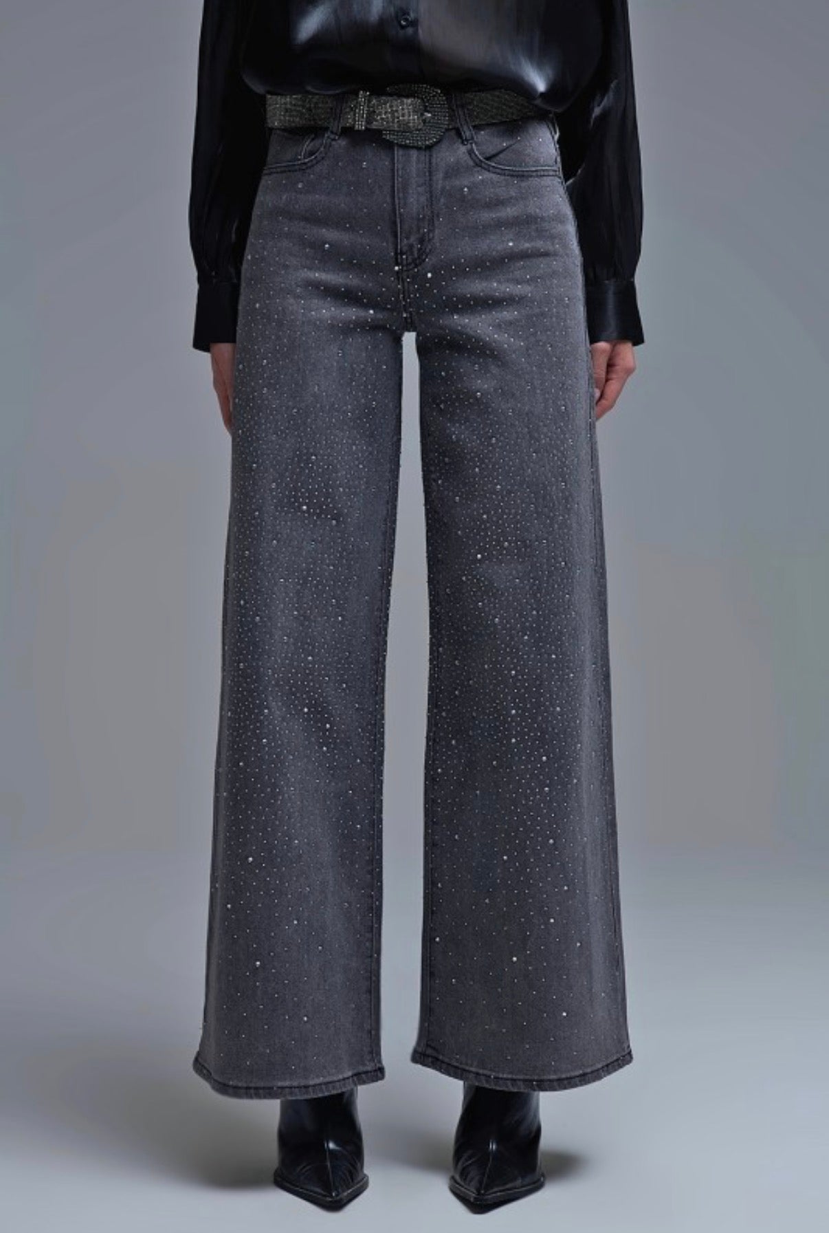 RHINESTONE EMBELLISHED WIDE LEG JEANS