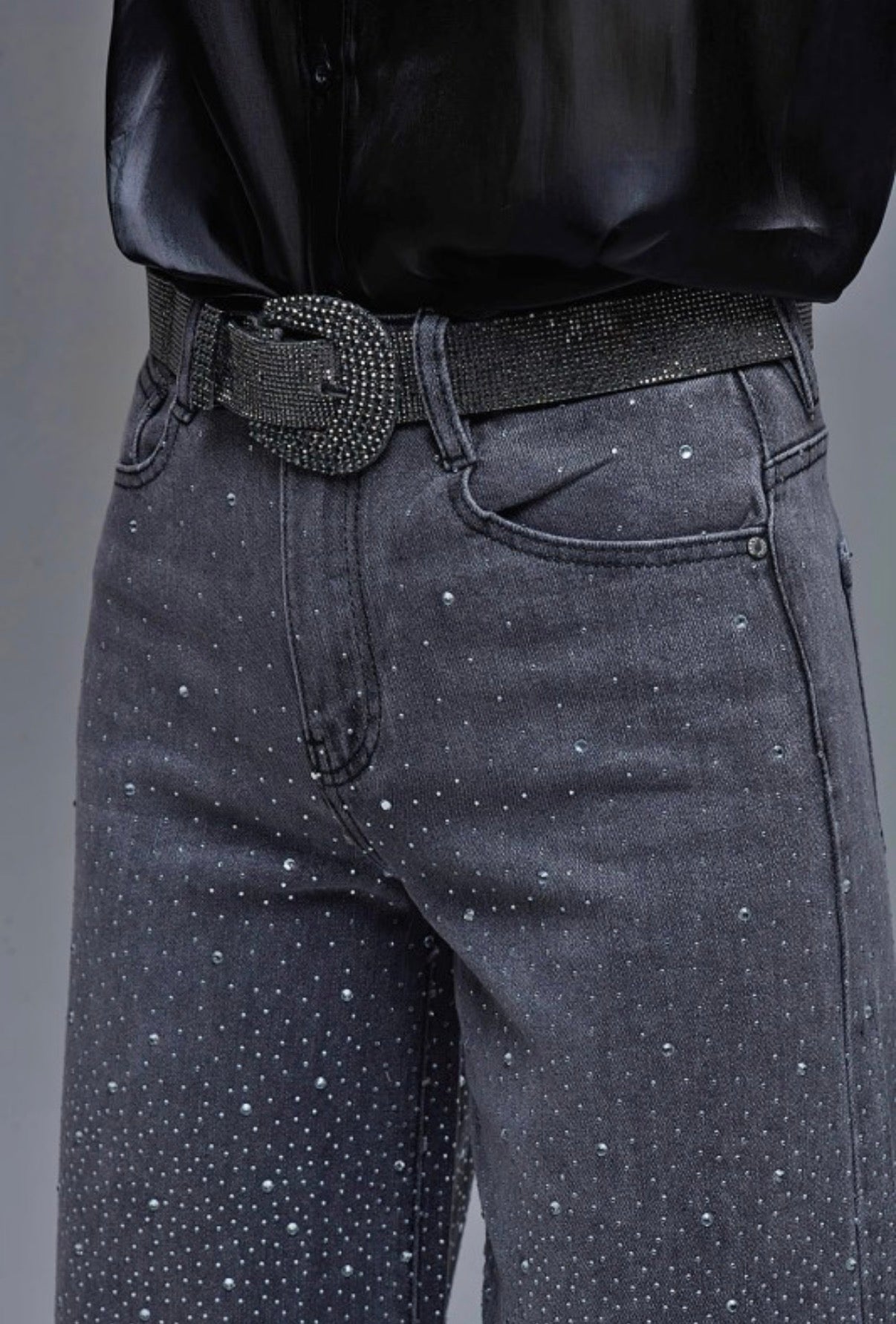 RHINESTONE EMBELLISHED WIDE LEG JEANS