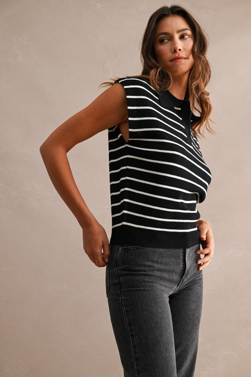 STRIPED SLEEVELESS KNIT POLO TOP