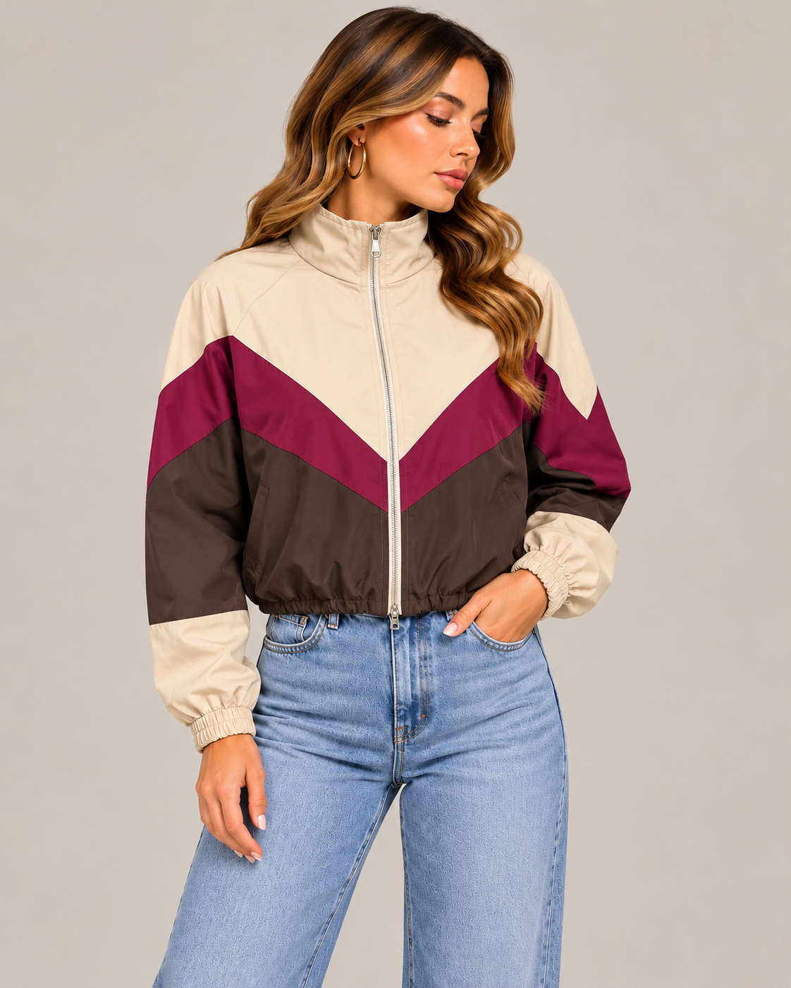 BEIGE & BURGUNDY CHEVRON COLOR BLOCK CROPPED JACKET