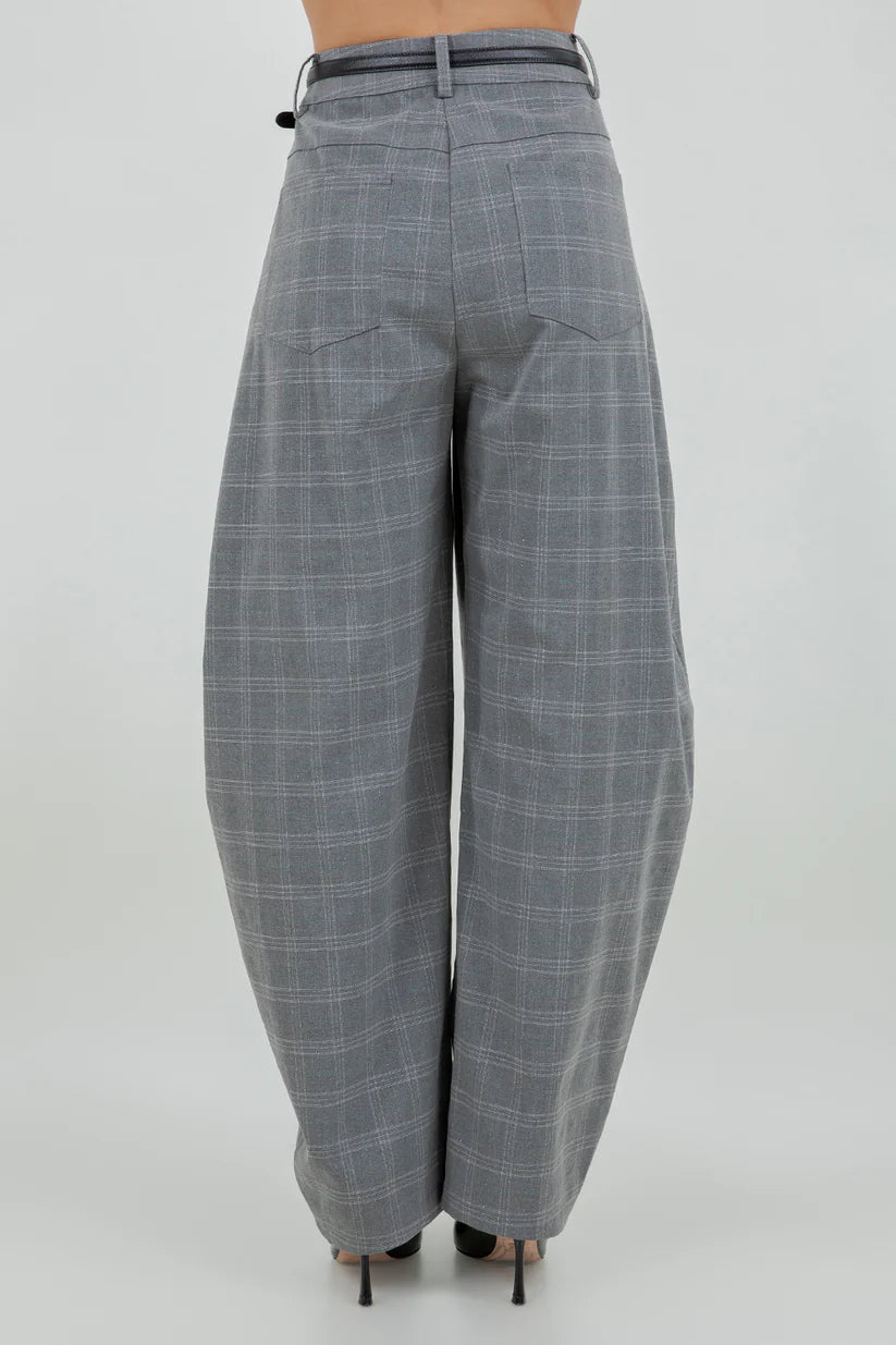 STRUCTURED PLAID LUREX BARREL PANTS