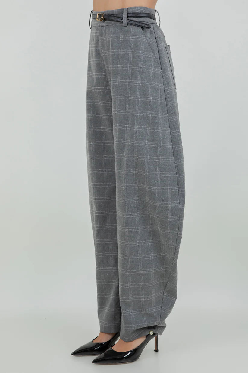STRUCTURED PLAID LUREX BARREL PANTS