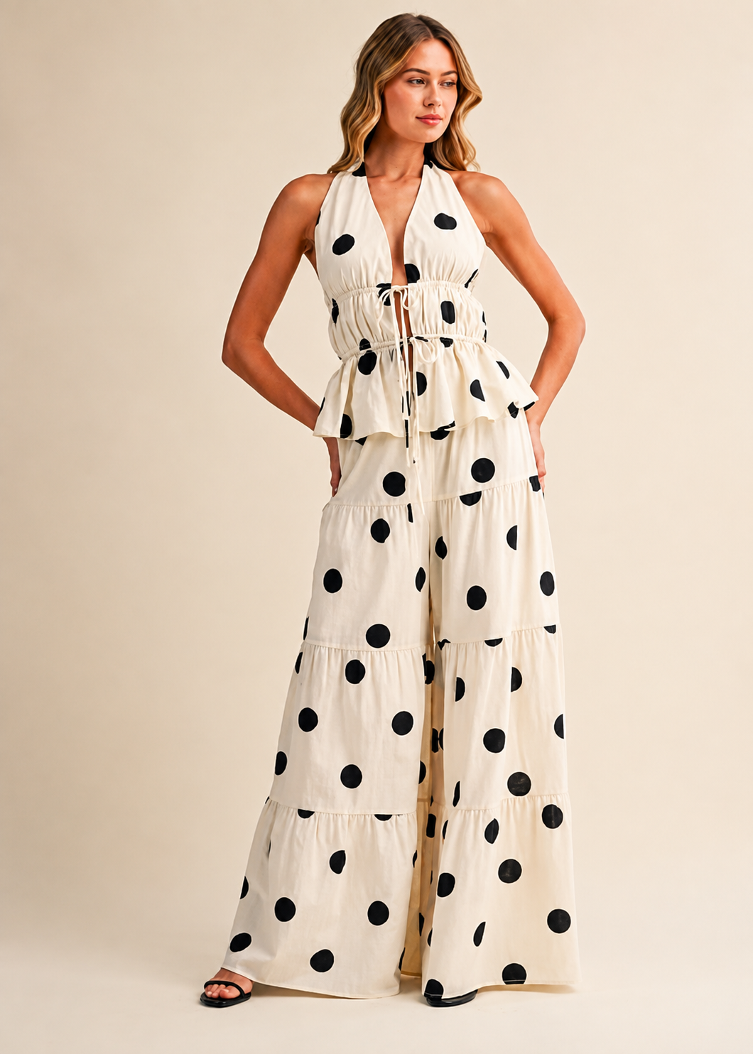 POLKA DOT HALTER TIERED WIDE-LEG PANTS SET
